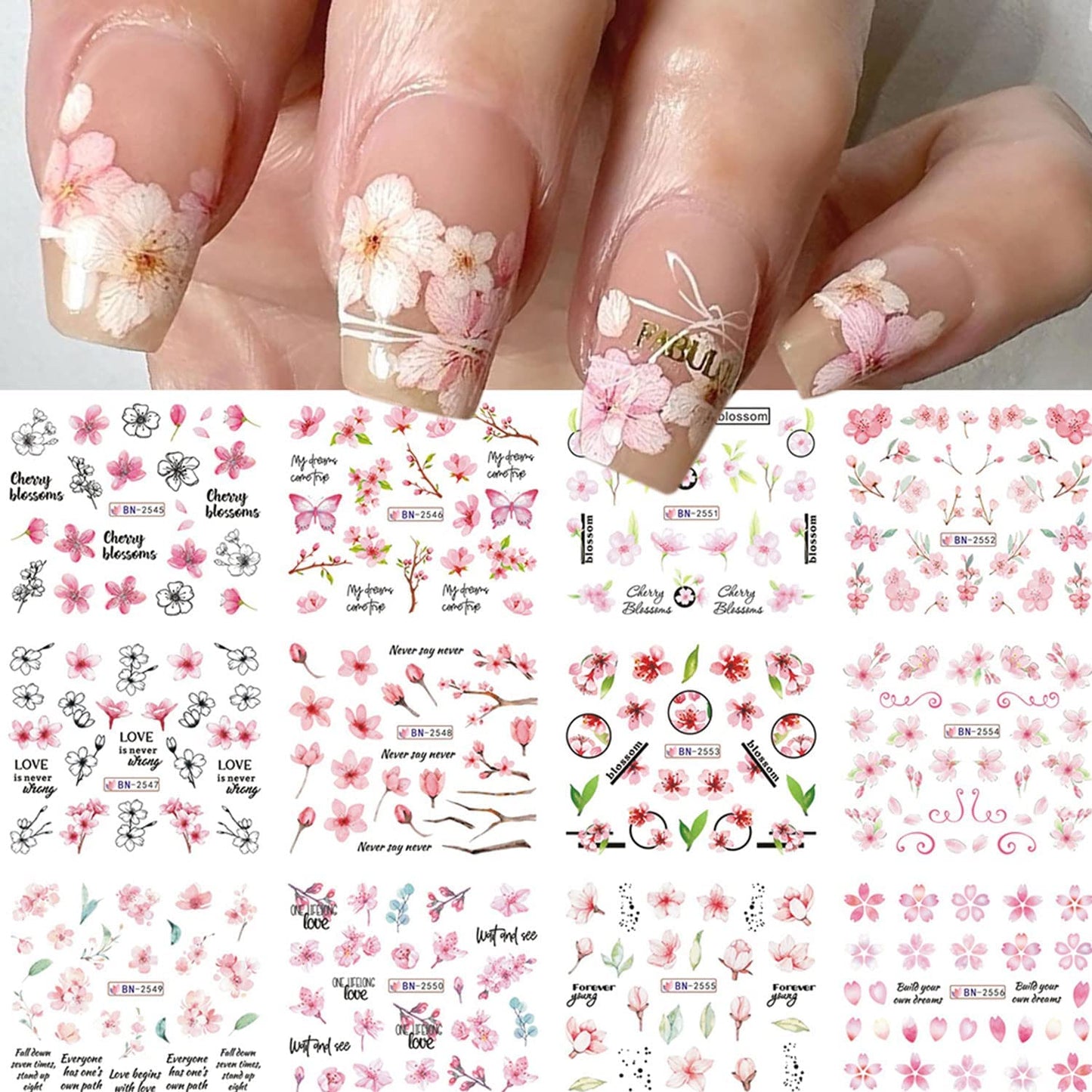 Cherry Blossom Nail Art Stickers - Pink Sakura Water Transfer Foils Decals, Spring Flower Supplies Wrap, Holographic Floral Pattern Acrylic Stickers for Women - 12 Sheets