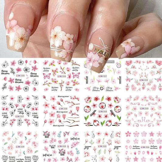Cherry Blossom Nail Art Stickers - Pink Sakura Water Transfer Foils Decals, Spring Flower Supplies Wrap, Holographic Floral Pattern Acrylic Stickers for Women - 12 Sheets