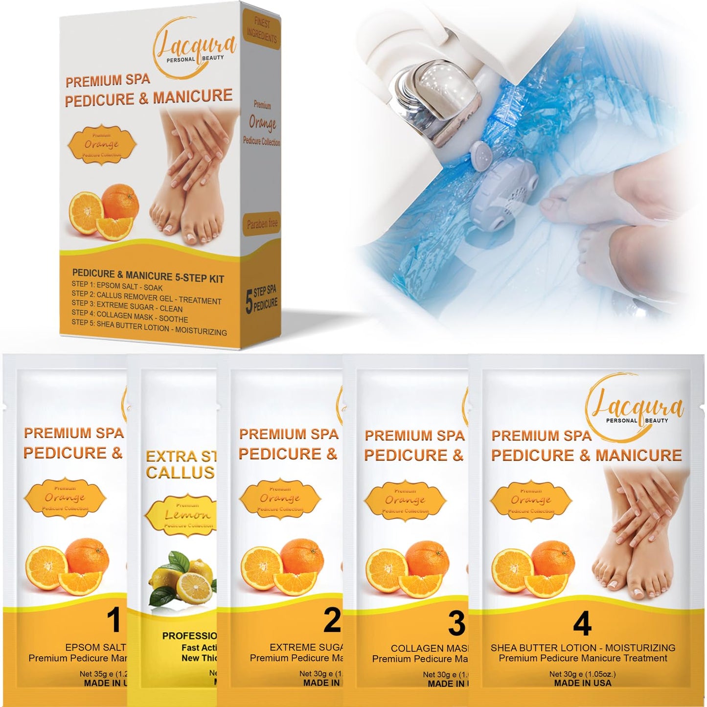 Epsom Salt Soak, Callus Remover Gel, Extreme Sugar Scrub, Collagen Mask & Shea Butter Lotion – Professional Spa Foot Care System 5 Step Luxury Pedicure Kit. Orange 03 Set