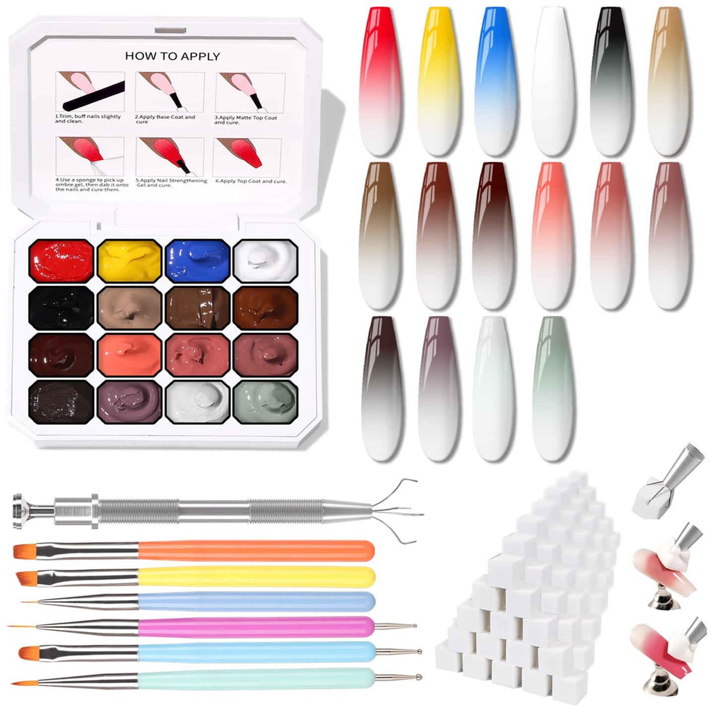 Sponge Pat Paint Nail Gel, Ombre Nails Gradient Gel Nail Blush Blooming Aura Nails Drawing Stripper Floral Painting DIY Nail Art, No Wipe, UV/LED Curing (16 Colors J)
