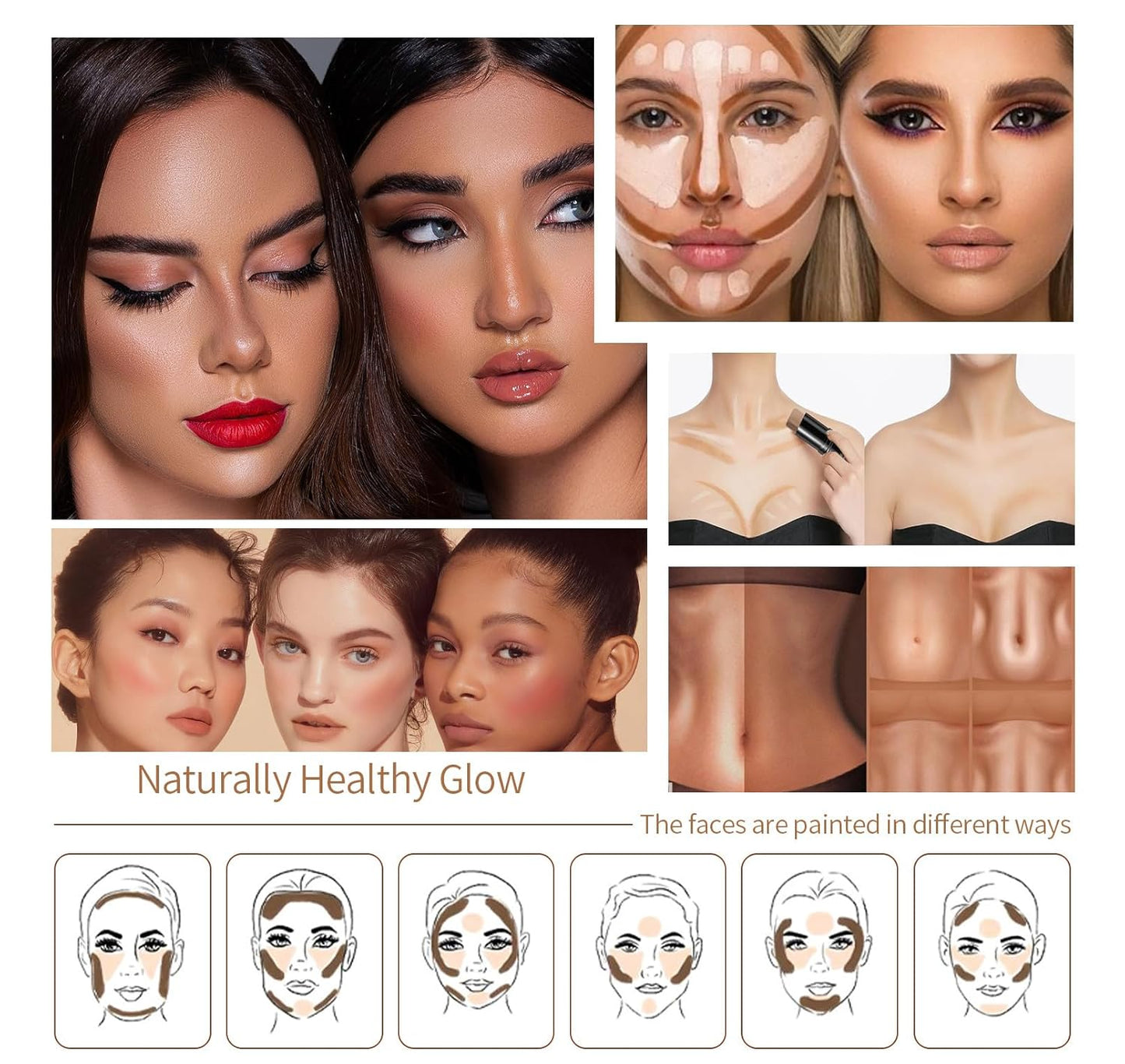 3Pcs Cream Contour Stick, with Highlighter Stick Bronzer Stick Blush Stick, Face Contour Stick Highlighter Makeup with Makeup Brush and Sponge for Sculpt the Cheeks, Long Lasting, Waterproof
