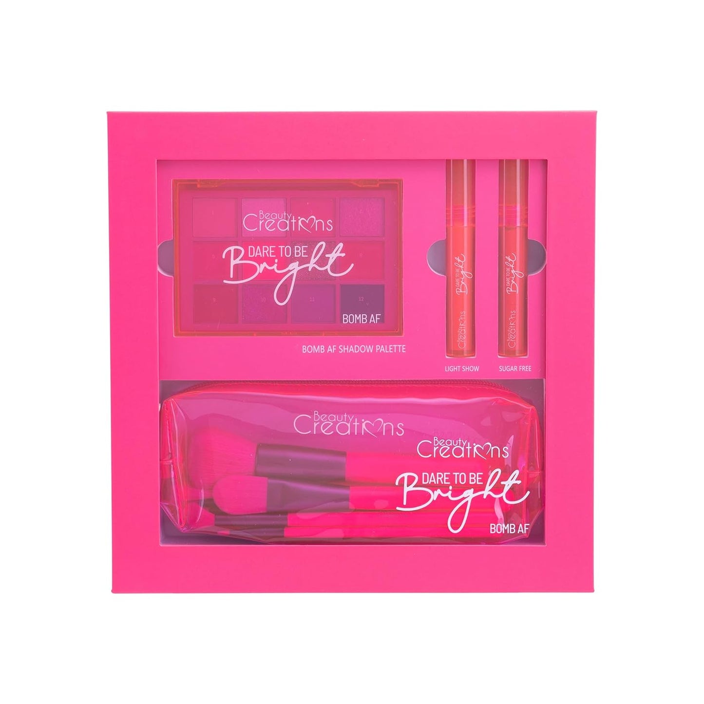 Beauty Bundle Beauty Creations Dare To Be Brights Collection Bomb AF 12 color eyeshadow palette, Lip Set & 15pc Brush Set and Pouch Enclosed in Hot Pink Box