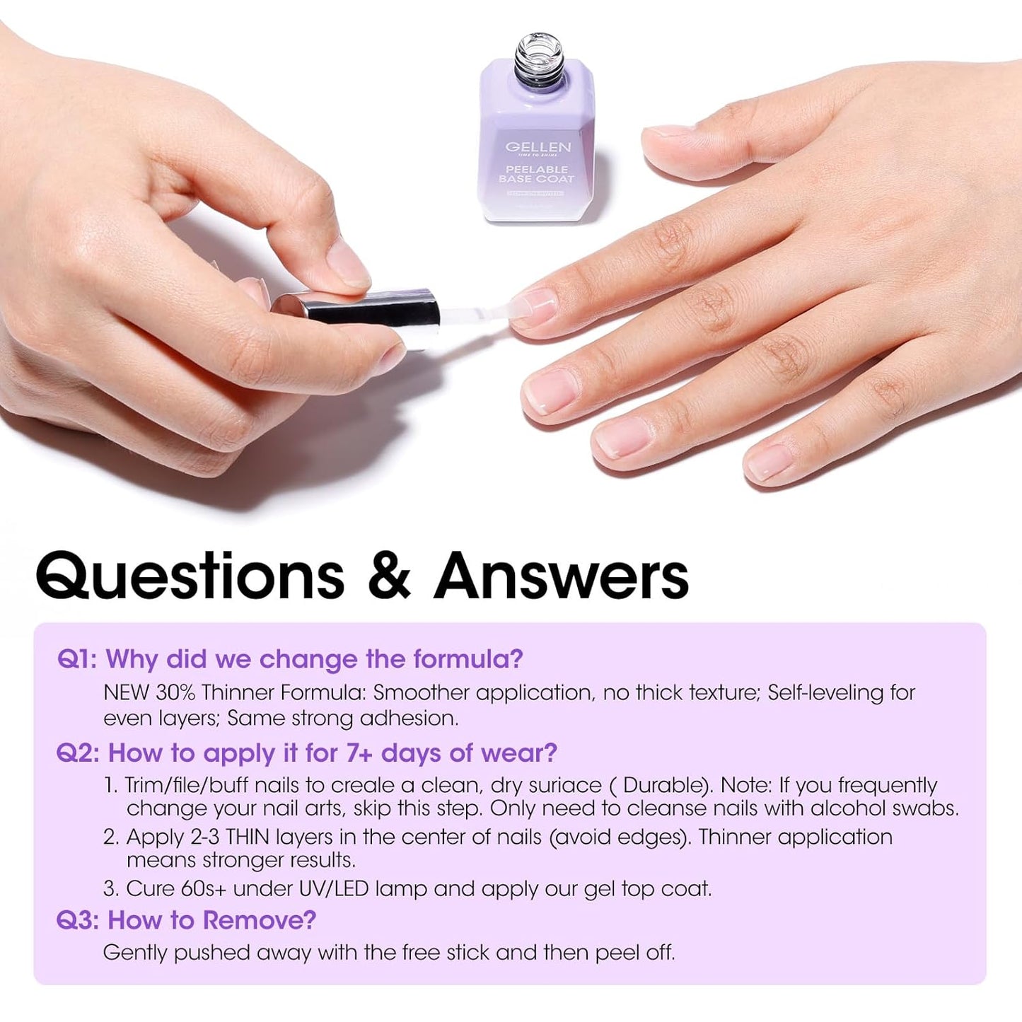 GELLEN Peel Off Gel Base Coat and Top Coat Set, Peelable Base Gel without Soaking, Clear Top Coat Nail Polish, UV LED Lamp Needed, Home DIY Nail Art Manicure Set