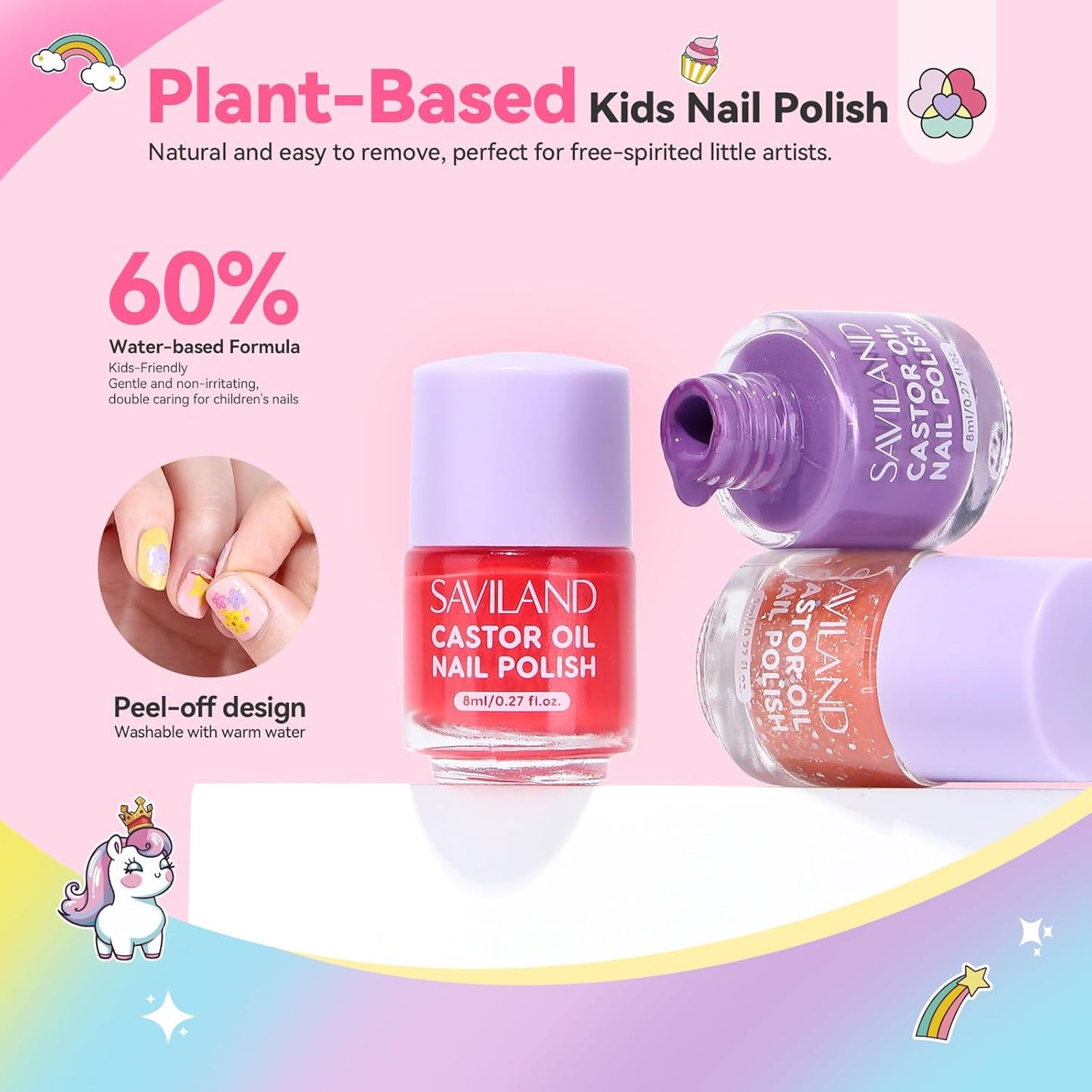 SAVILAND Glamkids Kids Nail Polish Set: 12 Colors Quick Dry Non-Toxic Nail Polish for Toddler, Water Based Peel-Off Fingernail Polish Safe Nail Art Kit with Sticker for Girls & Boys Ages 5-12 Manicure