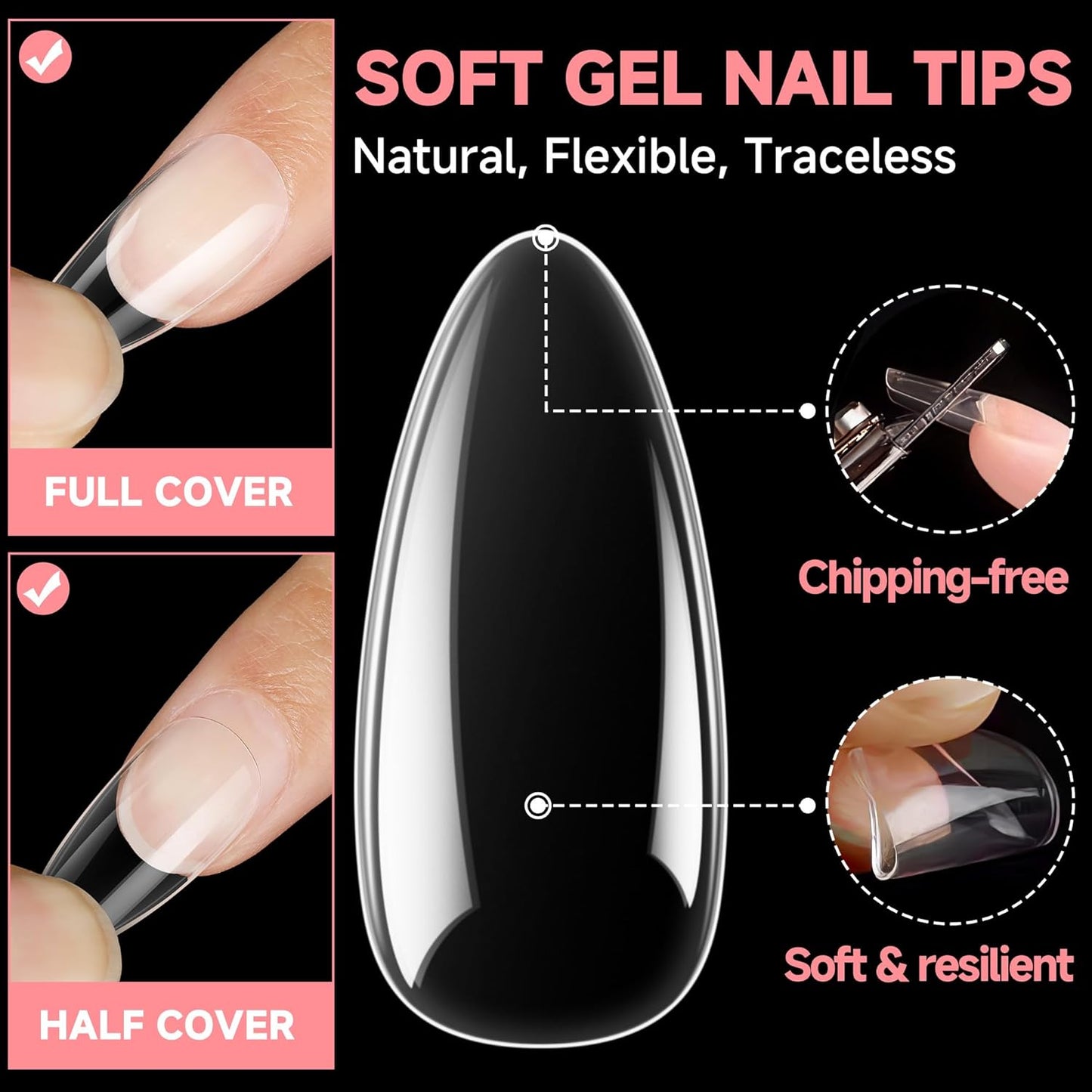 UNA GELLA Almond False Nails, 504pcs Soft Gel Tips, Clear, Medium, 12 Sizes, for Nail/Dip/Poly Extensions, Press On Nails