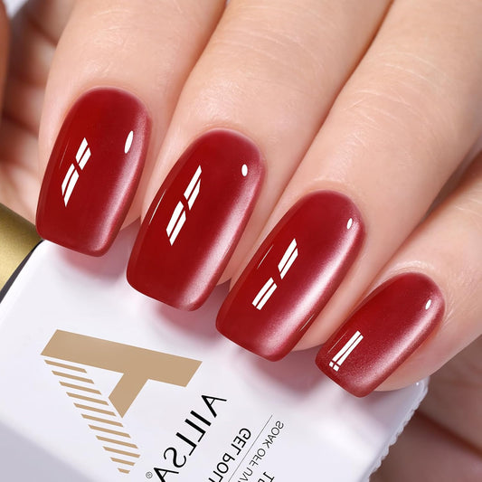 AILLSA Glass Cat Eye Gel Nail Polish, 15ml Red Glitter Jelly Sheer Gel Polish, Translucent Magnetic Shimmer Sparkle Nail Art U V Salon 0.5 OZ GF37