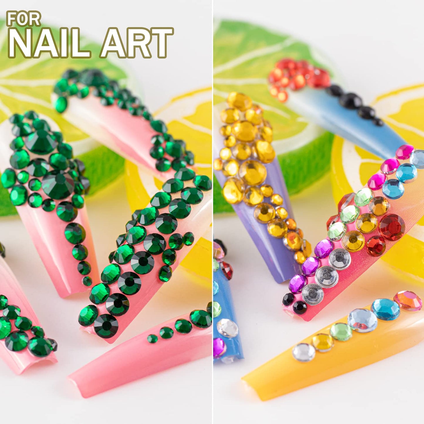 Two Packs of Flatback Rhinestones 4520 Pcs Colorful Nail Art Rhinestones Flatback Crystal Colorful+Dark Green Rhinestone with Picker Pencil and Tweezer for Nail Art and Decoration