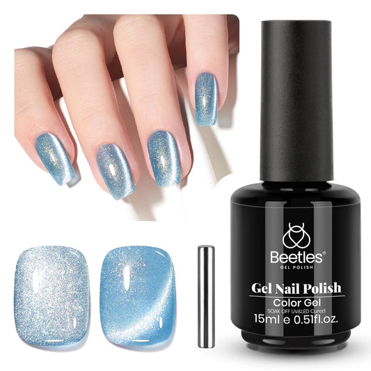 Beetles Blue Cat Eye Gel Polish, 15ML Light Blue Cat Eye Glitter Gel Polish with Magnet Soak Off UV Shimmer Velvet Gel Arctic Aurora Series French Nail Art Design Manicure Gifts for Women