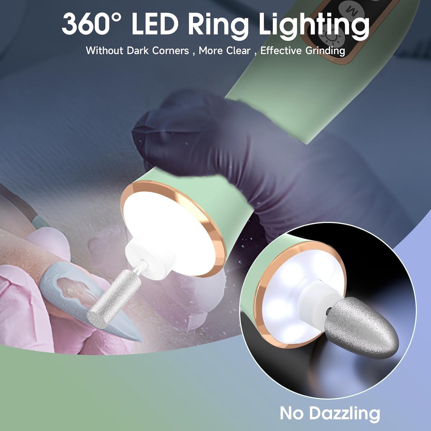 Cordless Electric Nail Drill with 360° LED light&10 Speeds, Professional Manicure Pedicure Kit, Rechargeable Pedicure Tools for feet, Hand Foot Care Nail Drill for Thick Nail Toenail Cuticle Women Men