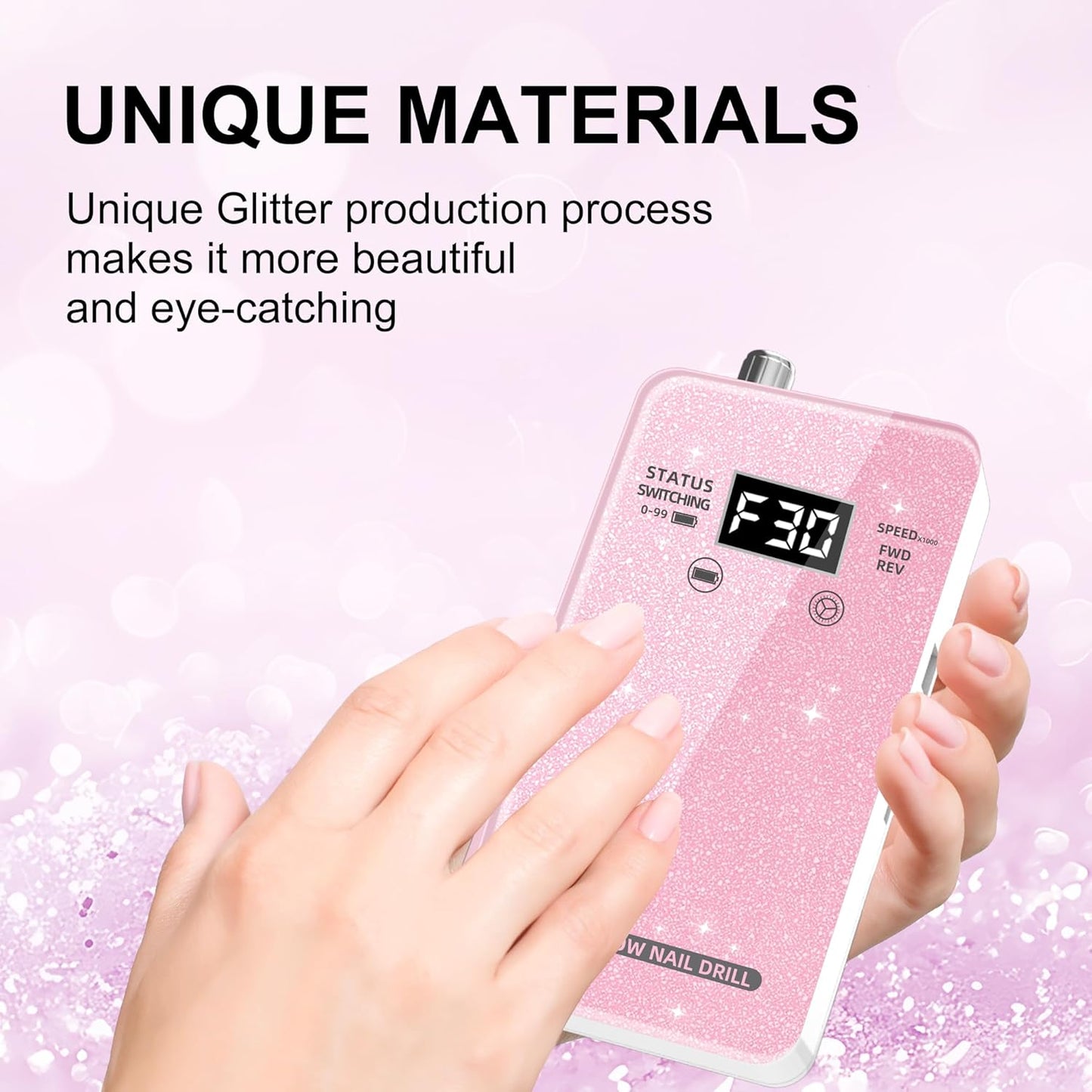 Professional Electric Nail Drill File:COSYGLOW Glitter Portable Cordless E-File Nail Drill Kit with 11 Drill Bits,30000 RPM Rechargeable Nail Drills Machine for Acrylic Nails Gel Polishing (Pink)