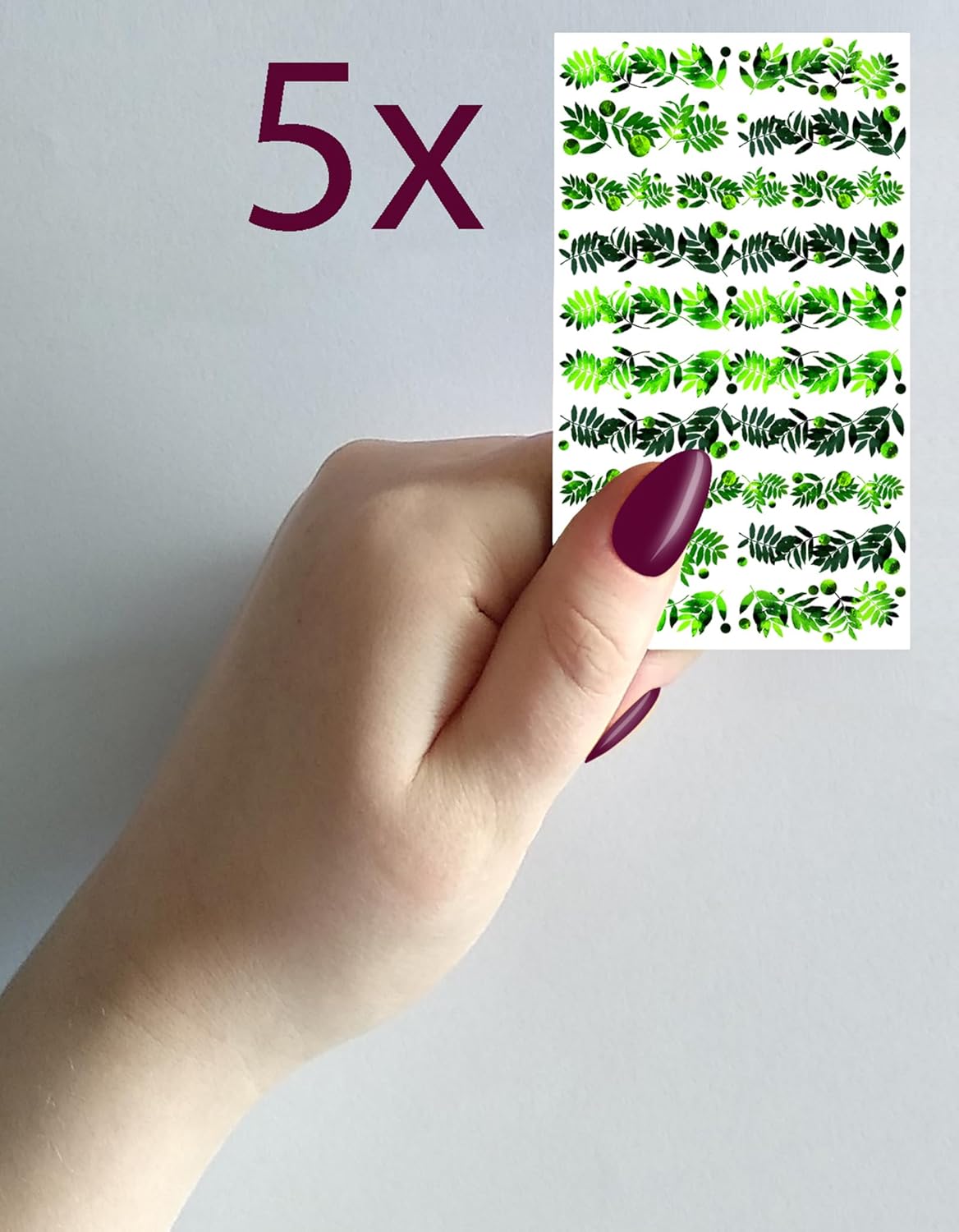 Nail Stickers Decals (5 Sheets) FLONZNAIL Bright Green Leafy Fronds Nail Decor Transfer Vintage Styled Stickers