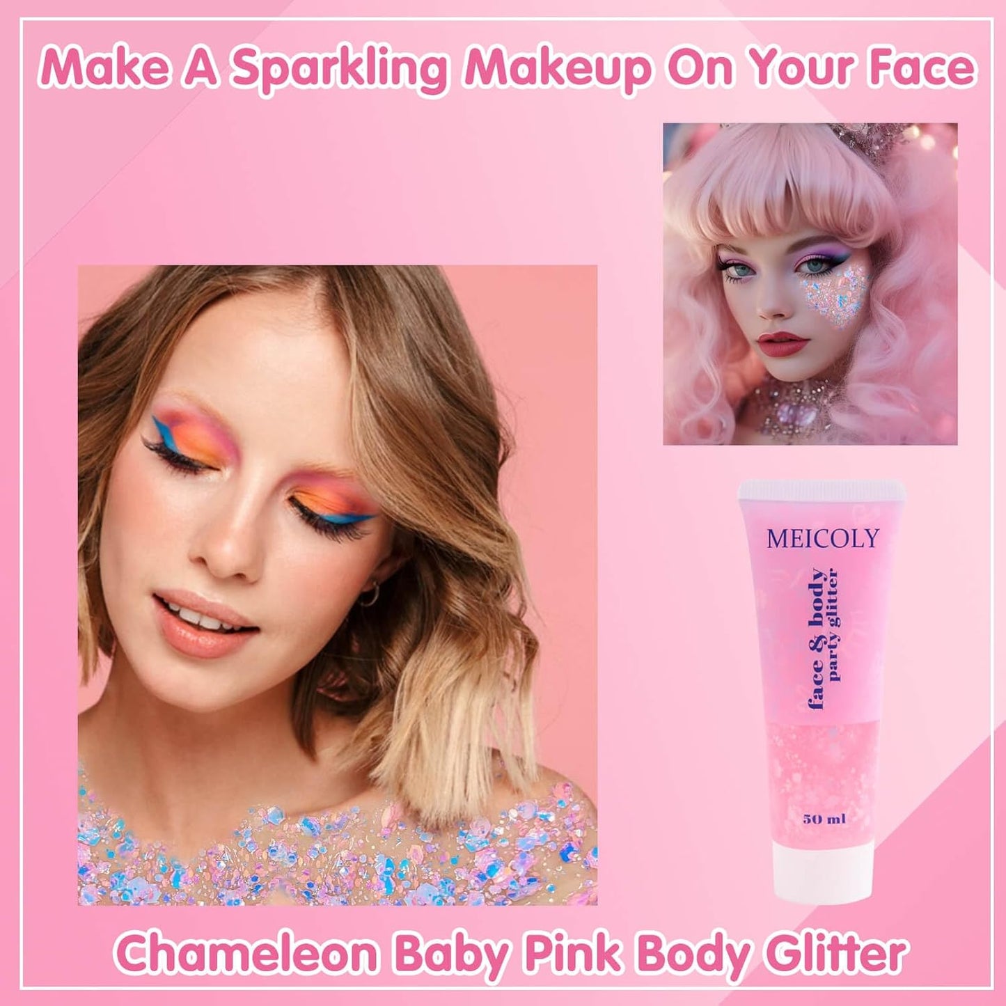MEICOLY Chameleon Baby Pink Body Glitter,Pink Turn to Purple Face Glitter Paint,Color Changing Mermaid Face Glitter Gel for Halloween,Chunky Glitter for Face Body Hair,Festival Party Glitter Makeup