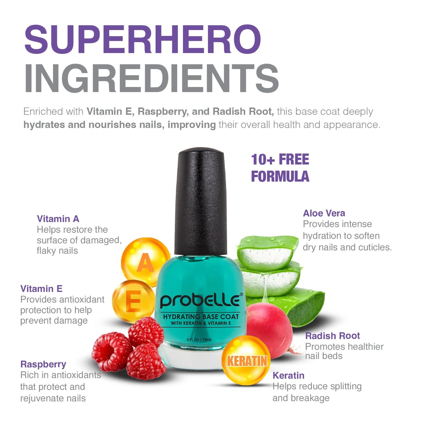 Probelle Hydrating Base Coat for Dry and Brittle Nails, Instant Moisturizer, Nourishes and Soothes Nails with a Healthy Glow, Extends Polish Life, Ideal for Dehydrated, Rough, Breaking Nails