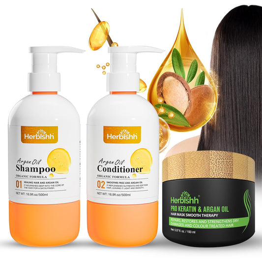 Herbishh Argan Hair Mask (150ml) + Argan Oil Shampoo & Conditioner (16.9 fl.oz Each) Hair Care Set – Deep Cleansing & Hydration, Ideal for Repairing Dry, Frizzy & Colored Hair – Sulfate & Paraben Free