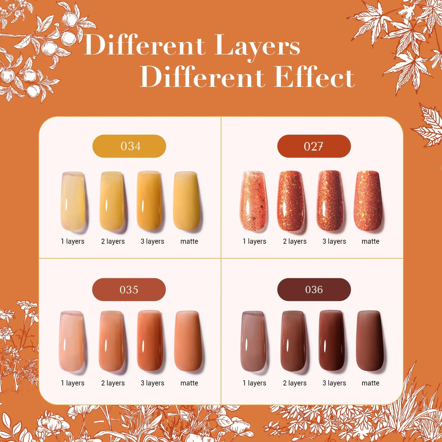 AZUREBEAUTY Fall Nail Polish Set, 4 Colors Yellow Orange Brown Glitter Quick Dry Natural Nail Lacquer Strengthening Treatment Kit with Top Coat DIY Salon at Home
