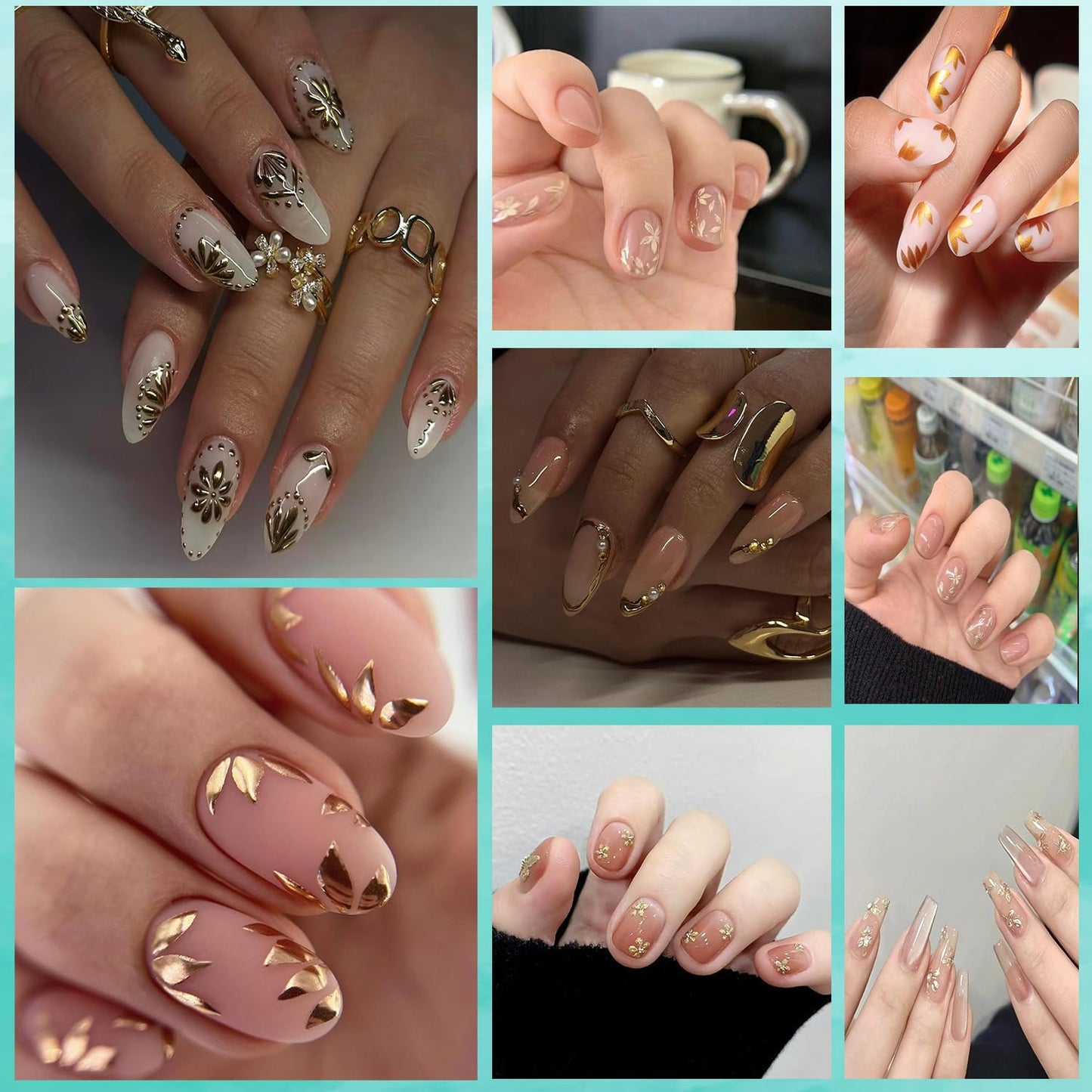 6Sheets Gold Nail Art Stickers 3D Self-Adhesive Nails Sticker Flower Nail Art Decals Holographic Golden Floral Leaves Nails Decal Decoration for Women Blossom Manicure Tip DIY Nail Sticker Supplies