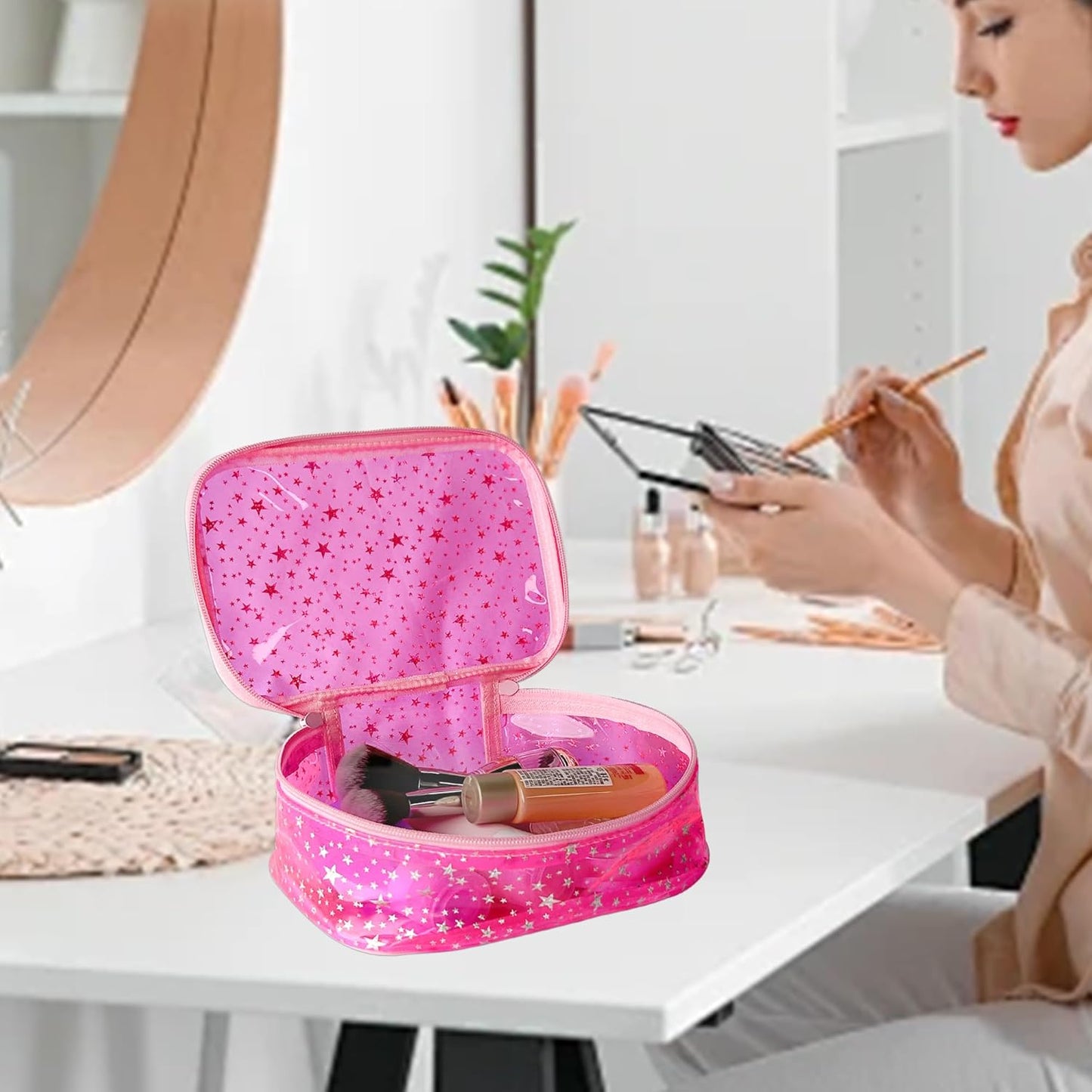 Holographic Makeup Bags Bulk,Clear Storage Bag Toiletry Pocket Portable Zippered Iridescent Pouch Waterproof Cosmetic Gift Bags for Women (Pink)