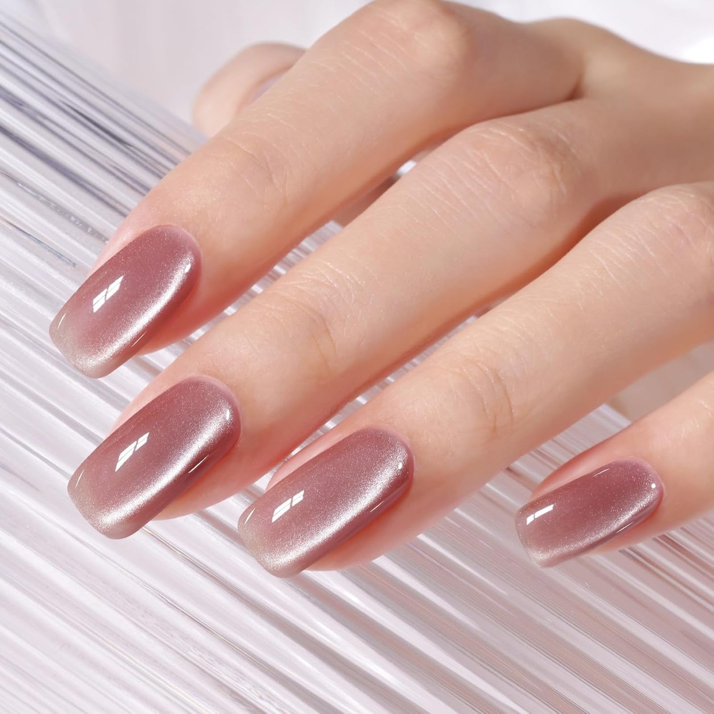 AILLSA Cat Eye Gel Nail Polish Pink Crystal Glitter Polish with Magnet, Nude Burgundy Glass Shimmer Nail Polish Jelly Color Reflective Translucent U V Gel Salon DIY at Home 0.5 OZ GF25