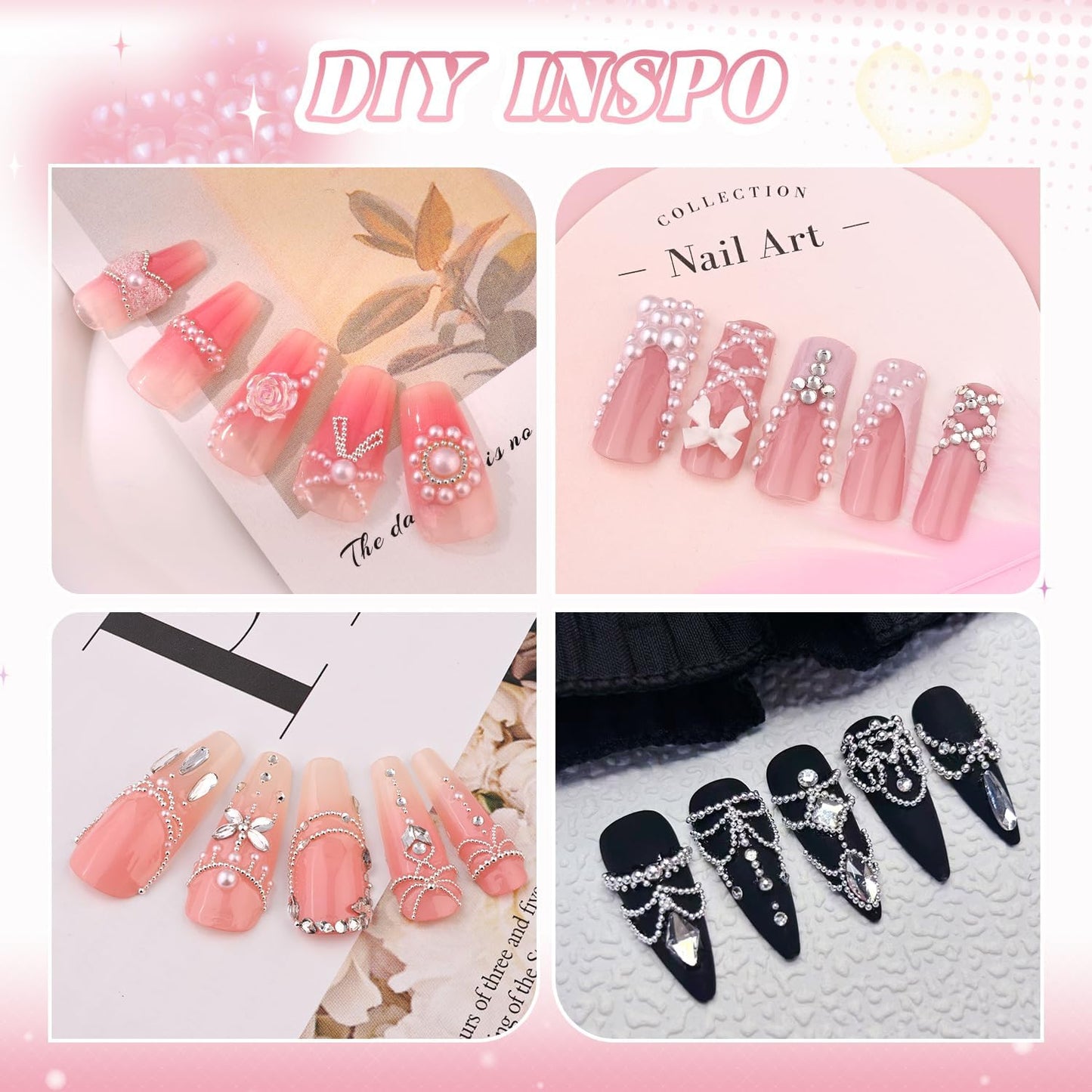 Luxurious Flatback Pearls (White) & Metal Nail Beads (Silver) with Rhinestones Glue Gel for Acrylic Nail Tips Manicure Decor