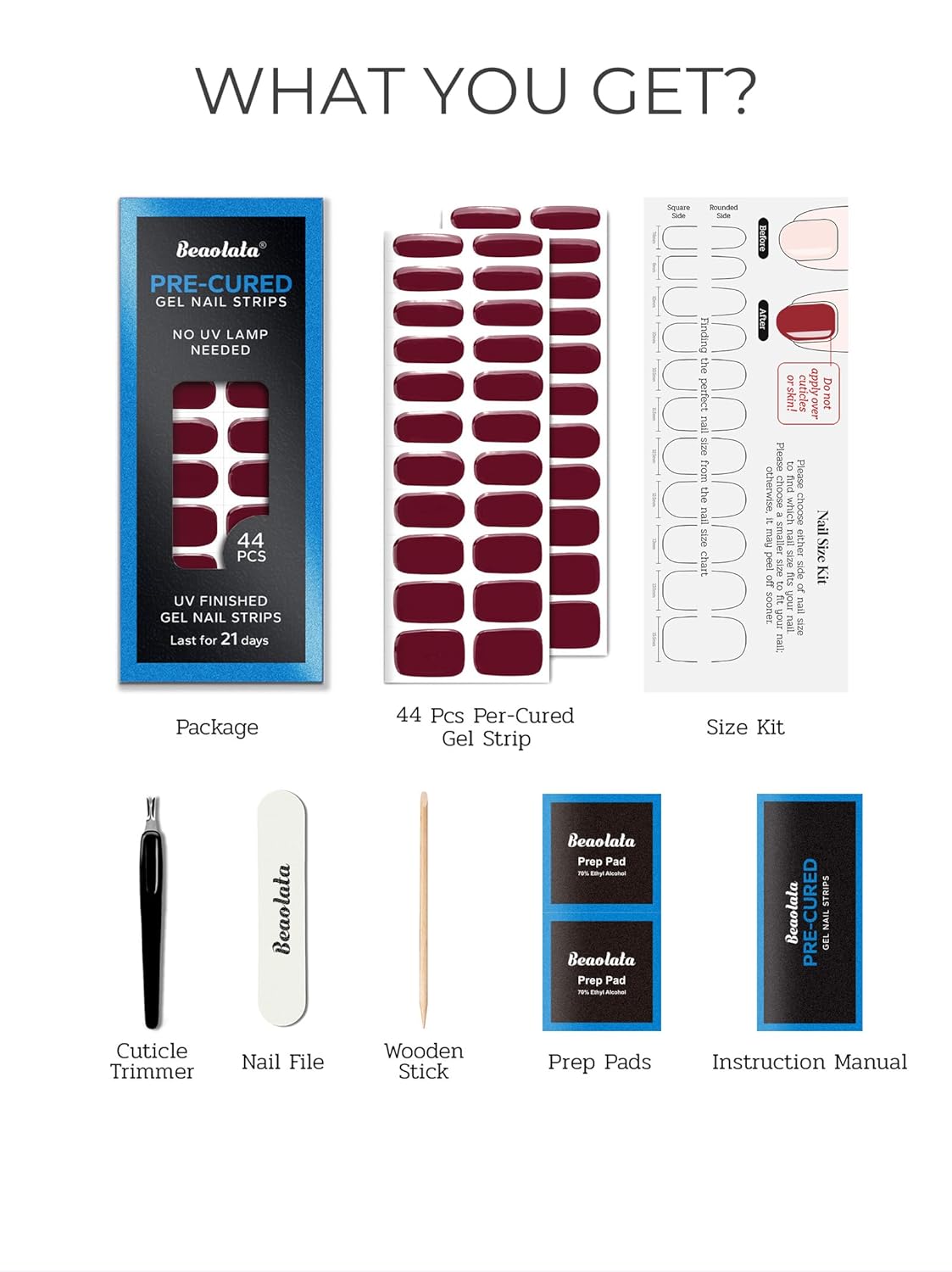 Pre Cured Gel Nail Strips - 44PCS Salon Quality Gel Nail Stickers - Long Lasting Polish Wraps for Women no UV Light Needed Easy Apply& Remove (Rose Red)