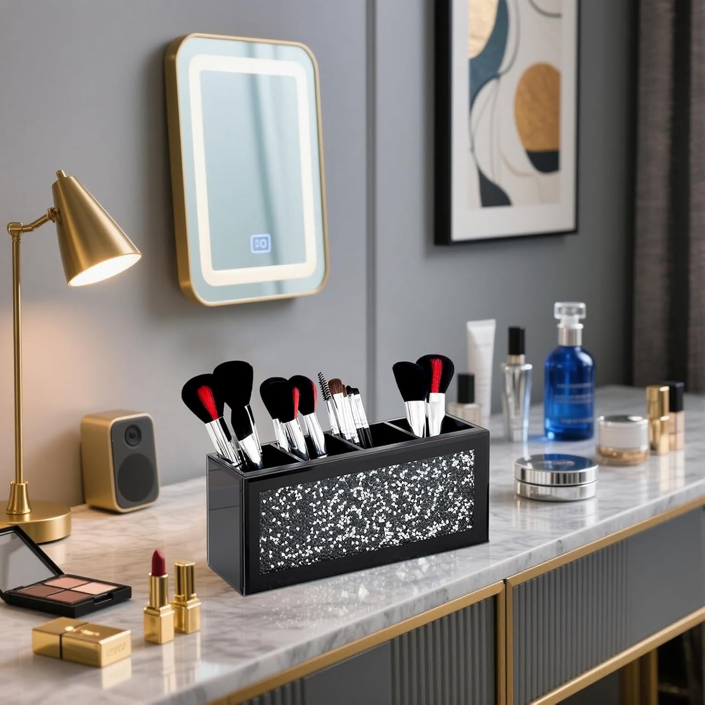 SHYFOY Black Makeup Brush Holder, 4-Compartment Makeup Organizer with Crushed Diamond Crystals, Vanity Cosmetics Organizer Solution, Pencil Holder Organizer for Desk