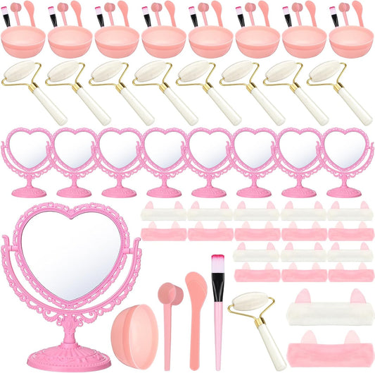 8 Set Spa Party Supplies for Girls Including 8 Heart Shaped Stand Mirrors 8 Jade Roller for Face 8 Face Brushes Kit 8 Face Mask Mixing Bowl 8 Headband for Sleepover Birthday Party Favors
