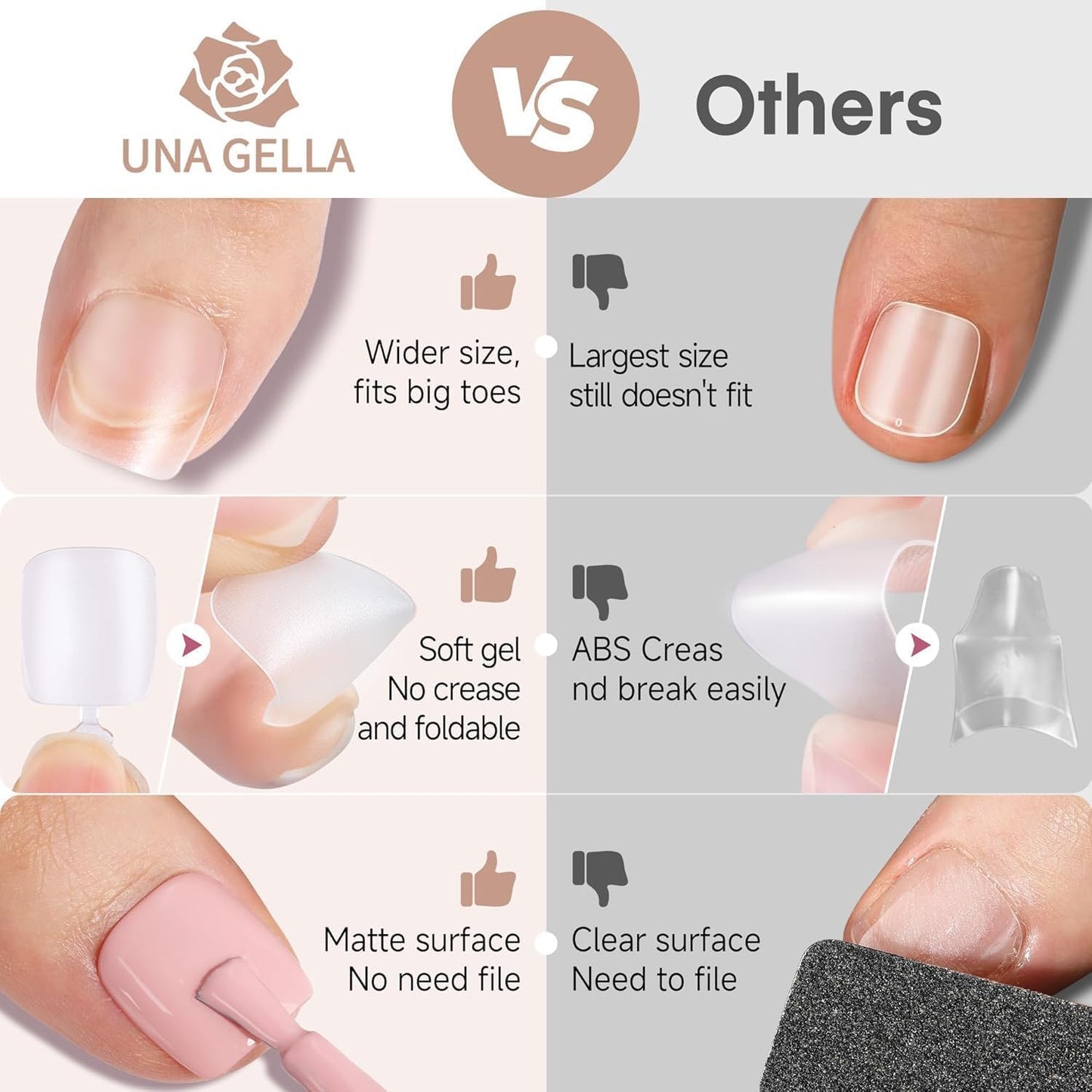 UNA GELLA Toe Nail Tips 504Pcs - Full Cover Matte Squavol Toe Nails Soft Gel Pre-file Gel Toe Nail Tips For Toe Nail Extensions Home DIY Nail Salon Soak Off 15 Sizes