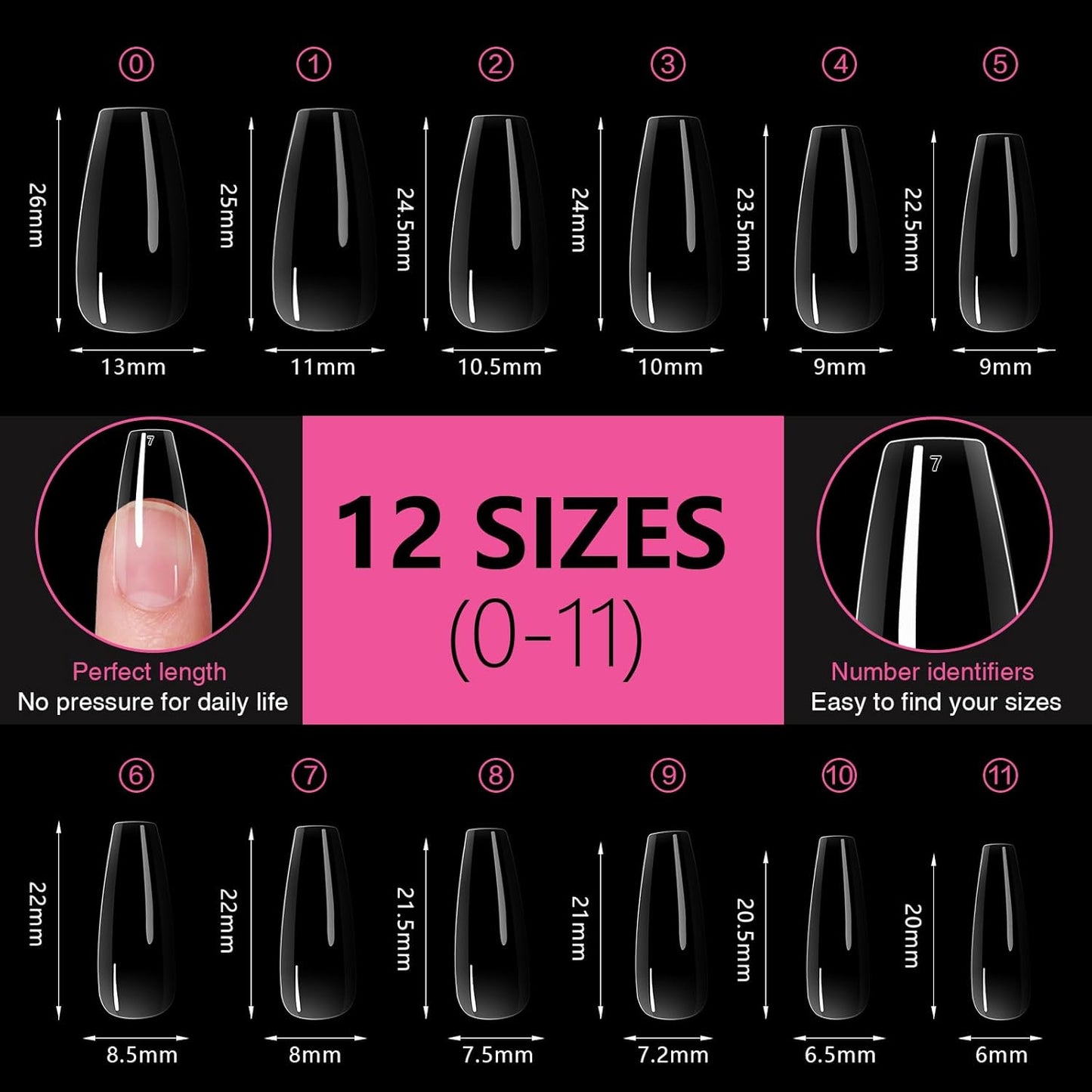 Medium Square Nail Tips 500PCS, Clear Acrylic Full Cover Gel Press on Nail Tips for DIY, 10 Sizes Pre-Shaped False Nails with Glossy Finish, Professional Manicure Kit & Easy Application