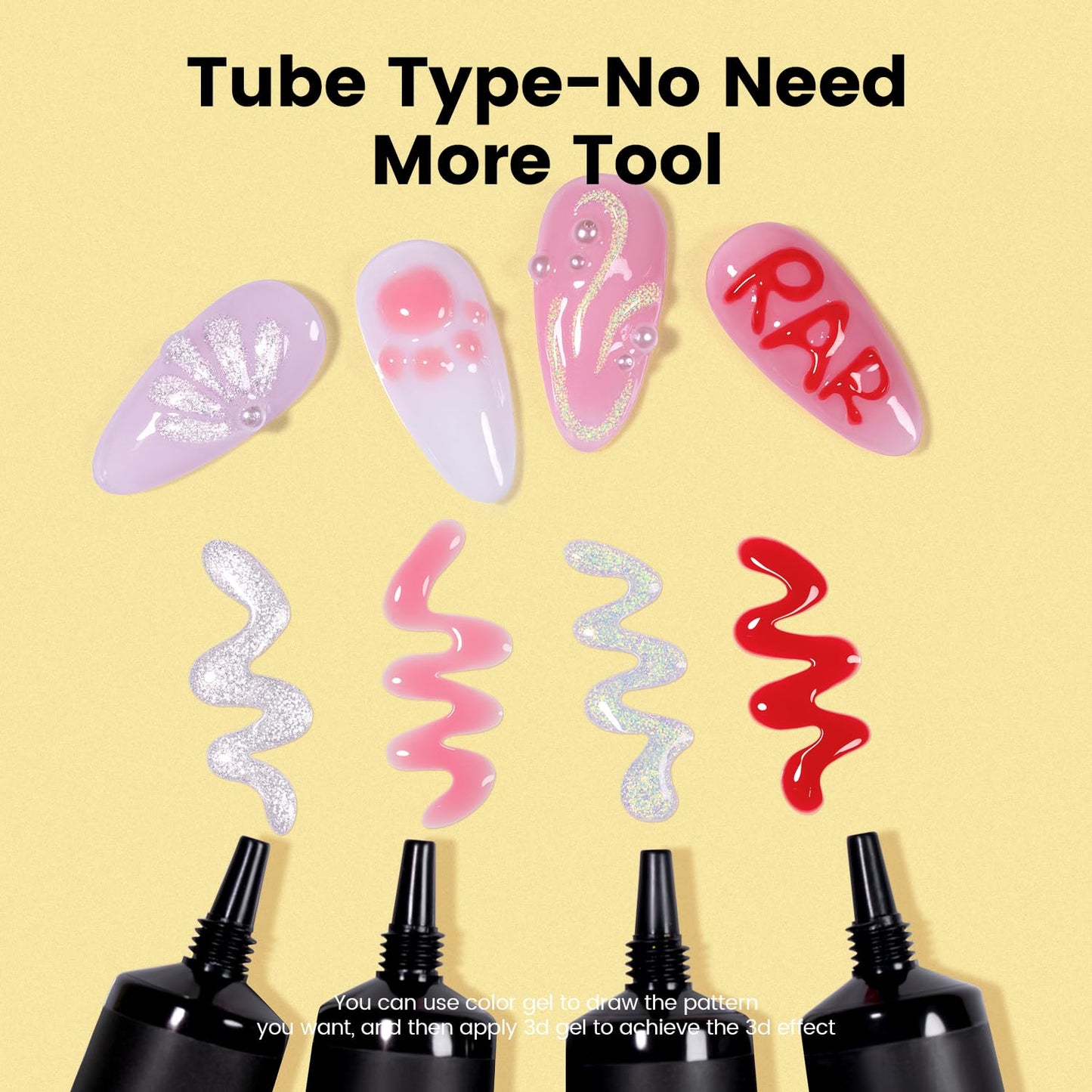 RARJSM 3D Sculpture Gel Polish for Nail Art - No Wipe Red 2 in 1 Gem Rhinestone Glue Drawing Hard Craving Sculpting Gel UV LED Curing Requires Soft Tube DIY Decoration Manicure Design