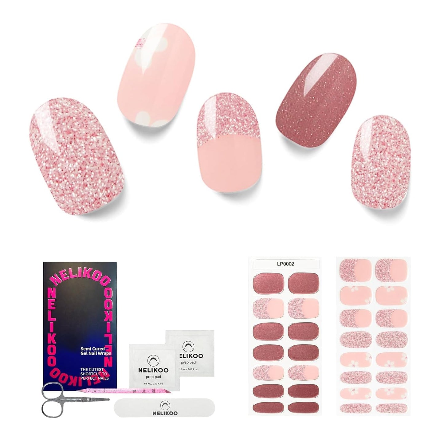 Semi Cured Gel Nail Strips, 30pcs Gel Nail Wraps, Salon-Quality, Easy to Apply, 2 Weeks Long Lasting (Shiny Rosy Radiance)