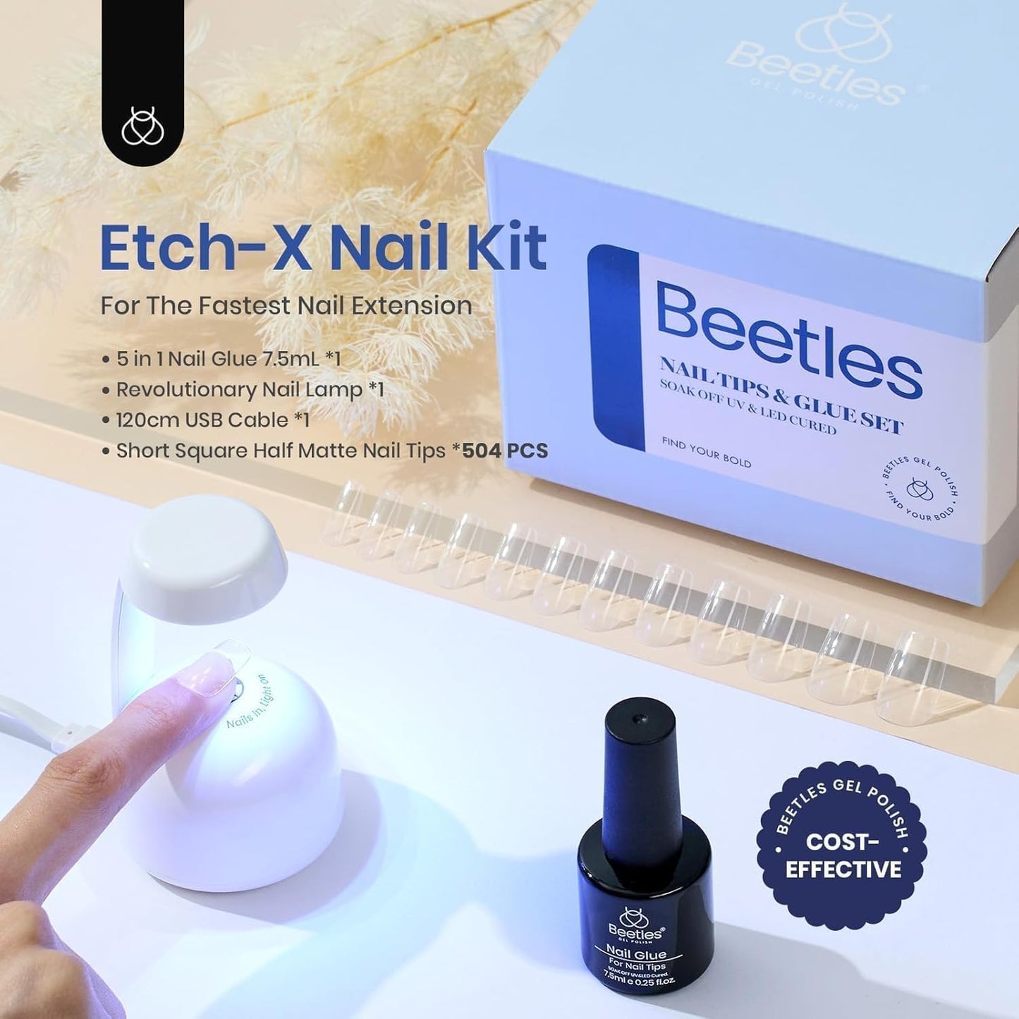 Beetles Gel Nail Kit Easy Nail Extension Set 504Pcs Pre Filed Half Matte Short Square Soft Etch X Nail Tips with 5 in 1 Nail Glue Gel Uv Led Lamp Nail for Women