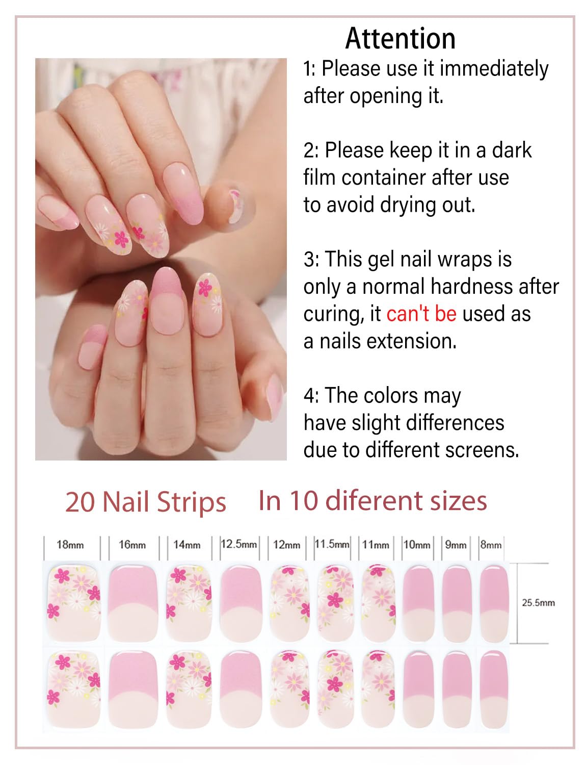 Semi Cured Gel Nail Strips, 20pcs French Flower, Pink Gel Nail Stickers UV for Home Nails DIY