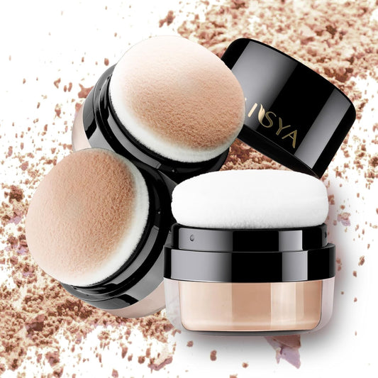 Setting Powder Lightweight Loose Powder Finishing Powder Long-Lasting Face Powder Waterproof with Soft Mushroom Powder Puff & Mirror, Natural Finish, (Light Coffee/Natural)- 3 Boxes