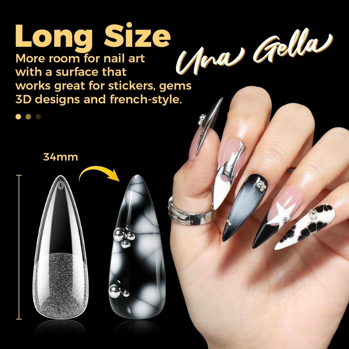 UNA GELLA Halloween Long Stiletto Gel Nail Tips, 600Pcs Pre Etched Long Stiletto Almond Nail Tips Clear Fake Nails Press on Nails No C Curve for DIY Art Salon at Home 12 Sizes