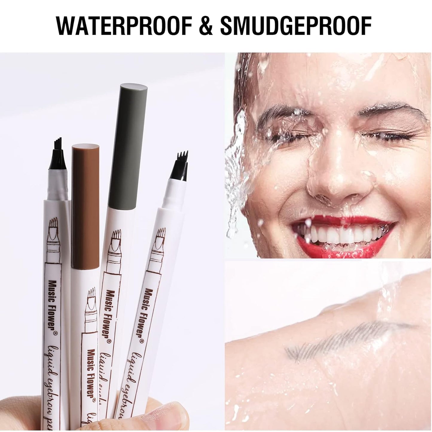 Music Flower Eyebrow Pen, Liquid Eyebrow pen, Waterproof Brow Pencil with Micro-Fork Tip, Smudgeproof Long Lasting Fine Sketch Microblading Pen-Dark grey