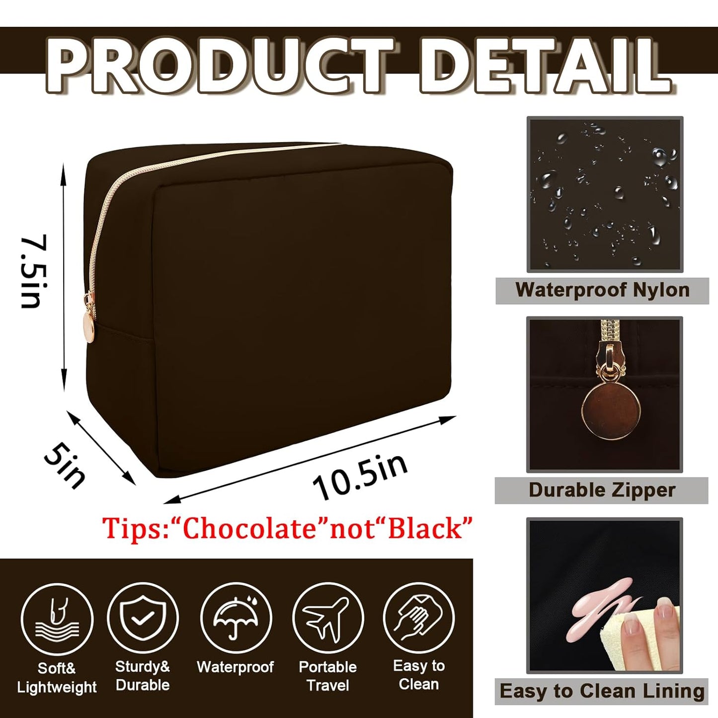 Large Makeup Bag Pouch,Nylon Women Travel Toiletry Storage Bag Preppy Cosmetic Bag for Girls,Big Makeup Organizer Bag Cute Zipper Pouch Skincare Bag for Sport Work Gift(Large-Chocolate)