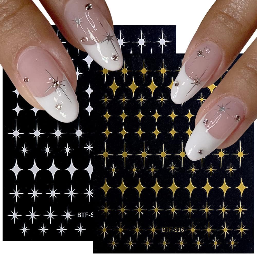 12 Sheets Star Nail Art Stickers 3D Self Adhesive Gold White Black Star Design Nail Art Decal Accessories for Women Acrylic Manicure DIY Decoration