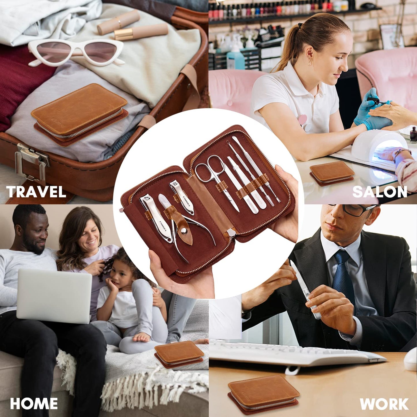 FAMILIFE Manicure Set, Nail Clippers Pedicure Tool, 8 pcs Stainless Steel Manicure Kit Professional Grooming Tool, Nail Kit with Portable Brown Leather Travel Case Luxury Gifts for Men
