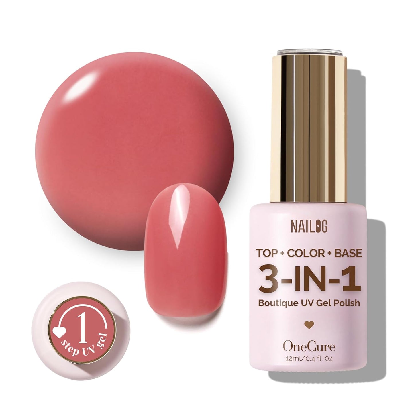 NAILOG One Step Gel Nail Polish 12ml Top Coat Color Gel Base 3-In-1 Formula Soak Off UV Gel Polish for Home DIY & Gifting | Nude Rose