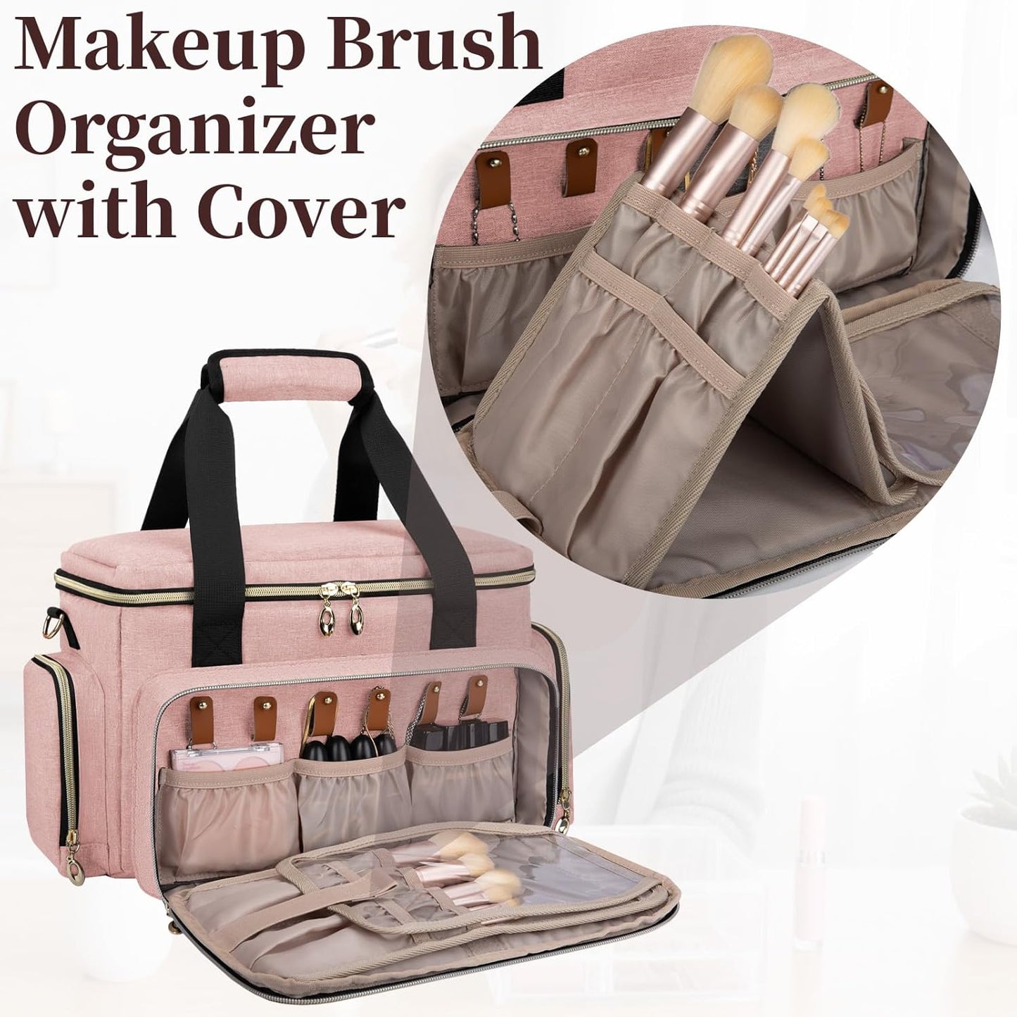 Large Makeup Bag, Portable Travel Makeup Bag Organizer for Women Girls with 2 Removable Pouches & Detachable Dividers, Cosmetic Travel Bag, Toiletry Bag for Makeup and Hair Supplies Pink