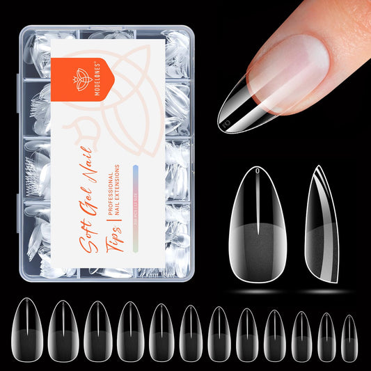 modelones Medium Almond Nail Tips, Pre-shaped Soft Gel Tips Fake Nails False Acrylic Clear Full Cover Press on Extension Kit Gel Manicure DIY at Home 216PCS 12Sizes