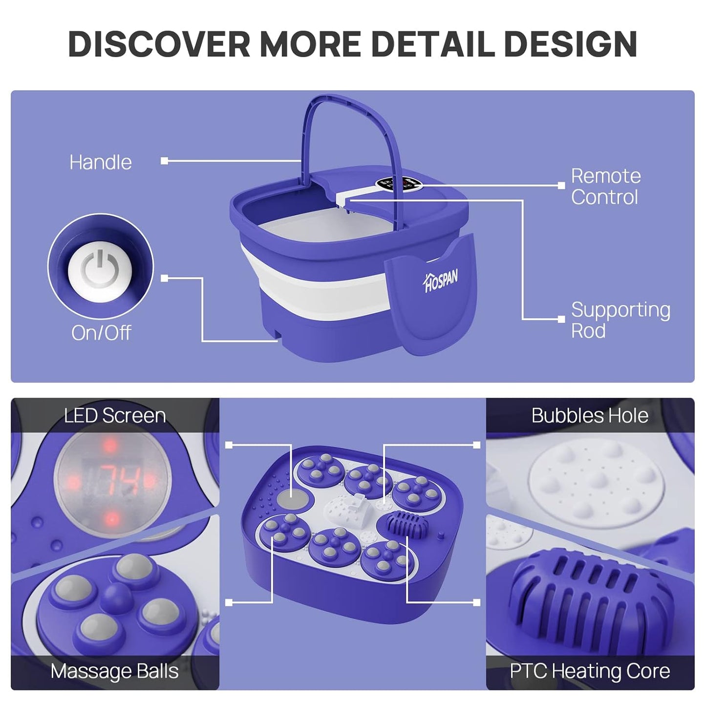 HOSPAN Collapsible Foot Spa Electric Rotary Massage, Foot Bath with Heat, Bubble, Remote, and 24 Motorized Shiatsu Massage Balls. Pedicure Foot Spa for Feet Stress Relief - FS02A