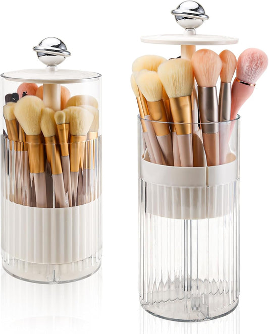 DASITON Makeup Brush Holder with Lid, Automatic Lifting Makeup Organizer for Vanity, 4 Slots Clear Makeup Brush Organizer, Dustproof Cosmetic Brushes Storage for Bathroom, Desktop, Office (Cream)