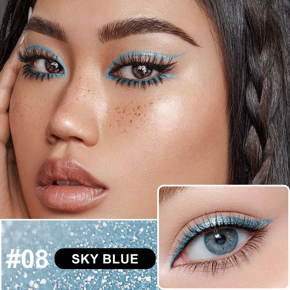 Sky Blue Metallic Glitter Liquid Eyeliner Pen – Long-Lasting Sparkly Waterproof Eyeliner for Women & Men – Tattoo-Effect Eye Makeup for Parties – Delineador de ojos líquido con 08