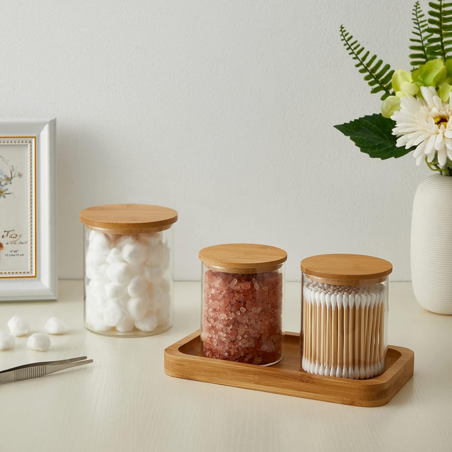 4 Pack Glass Qtip Holder Dispenser Glass Apothecary Jars with Lids Cotton Ball Swab Pad Holder Bathroom Essential Canisters Accessories Jars for Bathroom Organization Vanity Organizers