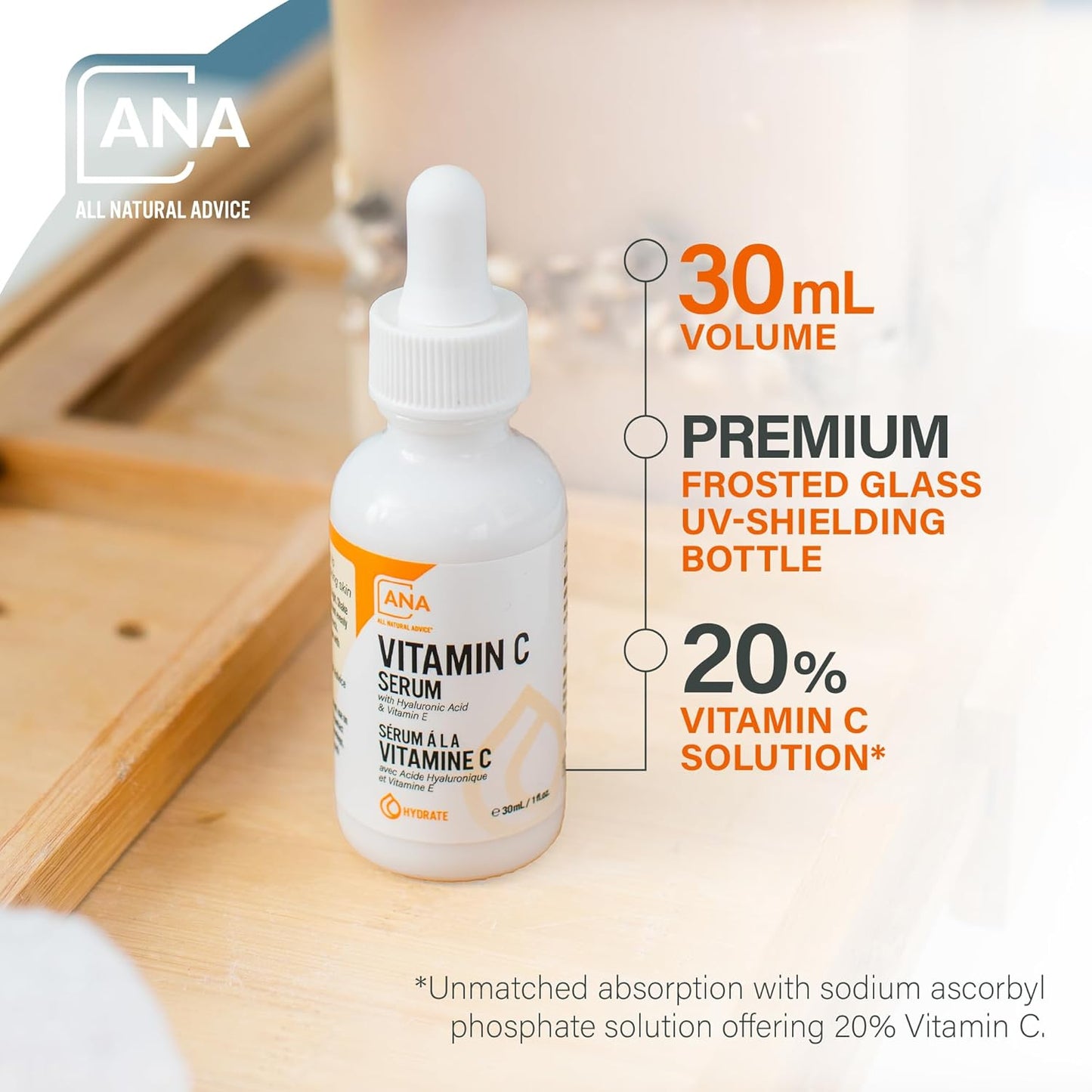 All Natural Advice Vitamin C Serum 30mL | 20% Vitamin C Face Serum Solution with Organic Botanicals, Hyaluronic Acid & Vitamin E | UV-Shielding Glass Bottle with Dropper | Canadian Skin Care