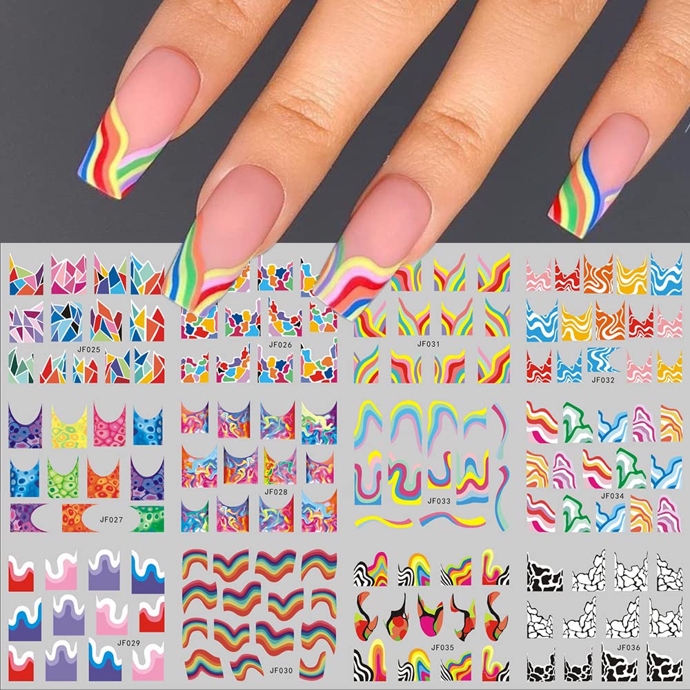 12 Sheets Colorful Stripes Nail Art Stickers Geometric Rainbow Wave Design Water Transfer Nail Decals for Nails Art Abstract French Pattern Acrylic Slider Nail Foils for Women Manicure Nail Decor