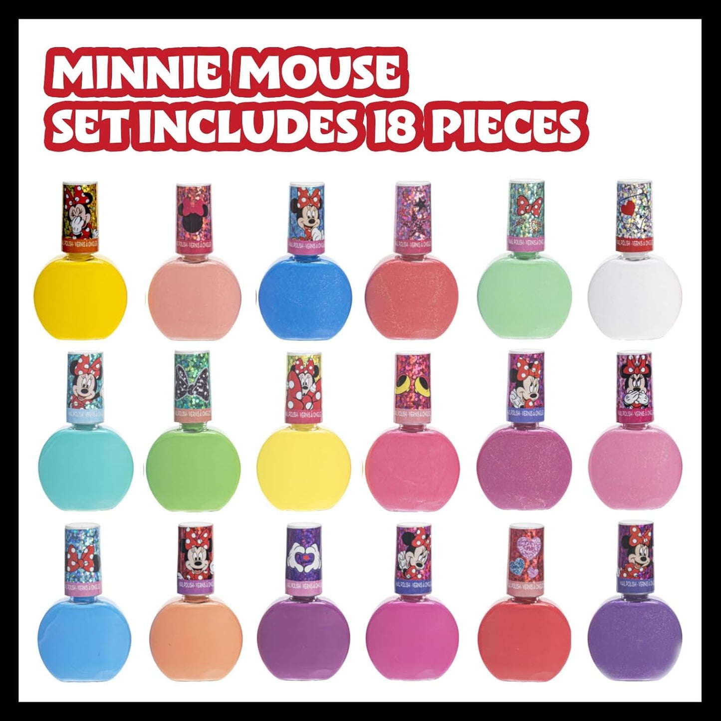 Townley Girl Disney Minnie Mouse 18 Piece Water-Based Nail Polish Set, Quick Dry and Peels-Off, Nail Paint Set for Girls, Perfect for Parties, Sleepovers and Makeovers, Ages 3