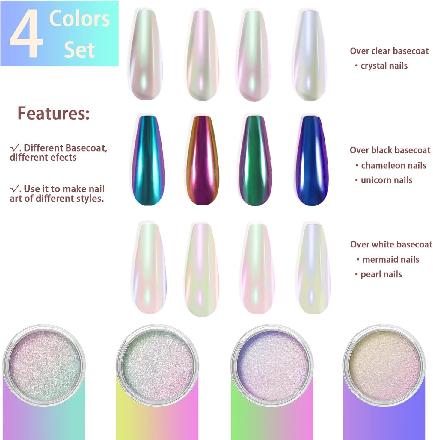 Allstarry White Chrome Nail Powder, 4 PCS Color-Shift Chameleon Chrome Effect Powder Neon Aurora Glitter Dust Iridescent Pearlescent Pearl Pigment for Nail Art Decoration, Gel Polish, Resin Craft