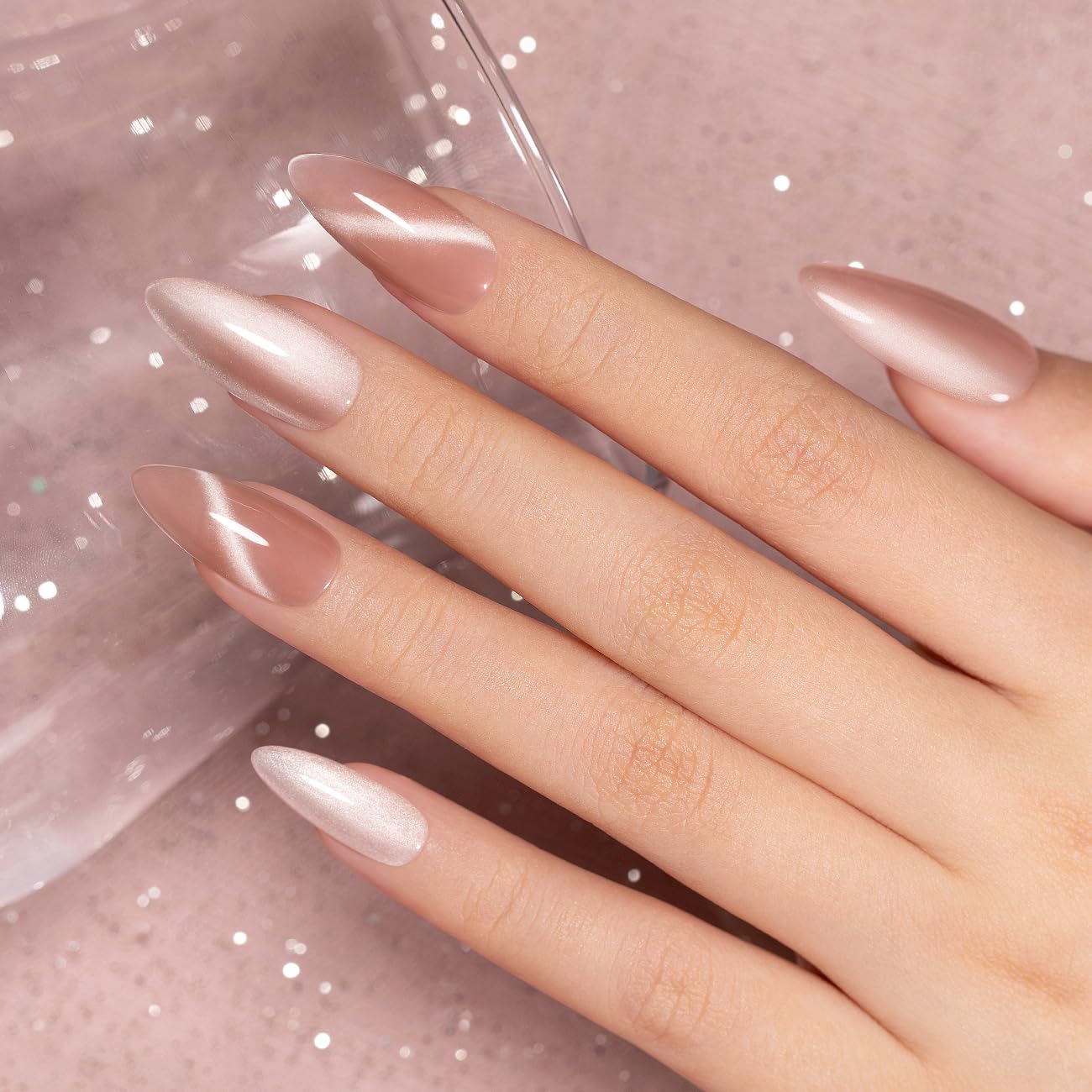 RARJSM Cat Eye Gel Nail Polish Nude Pink Silver Glitter Natural Skin Tone Color 15ml Sparkle Shimmer Velvet Cateye Gel Polish with Magnetic Stick UV LED Curing Require Soak Off Home Salon Manicure